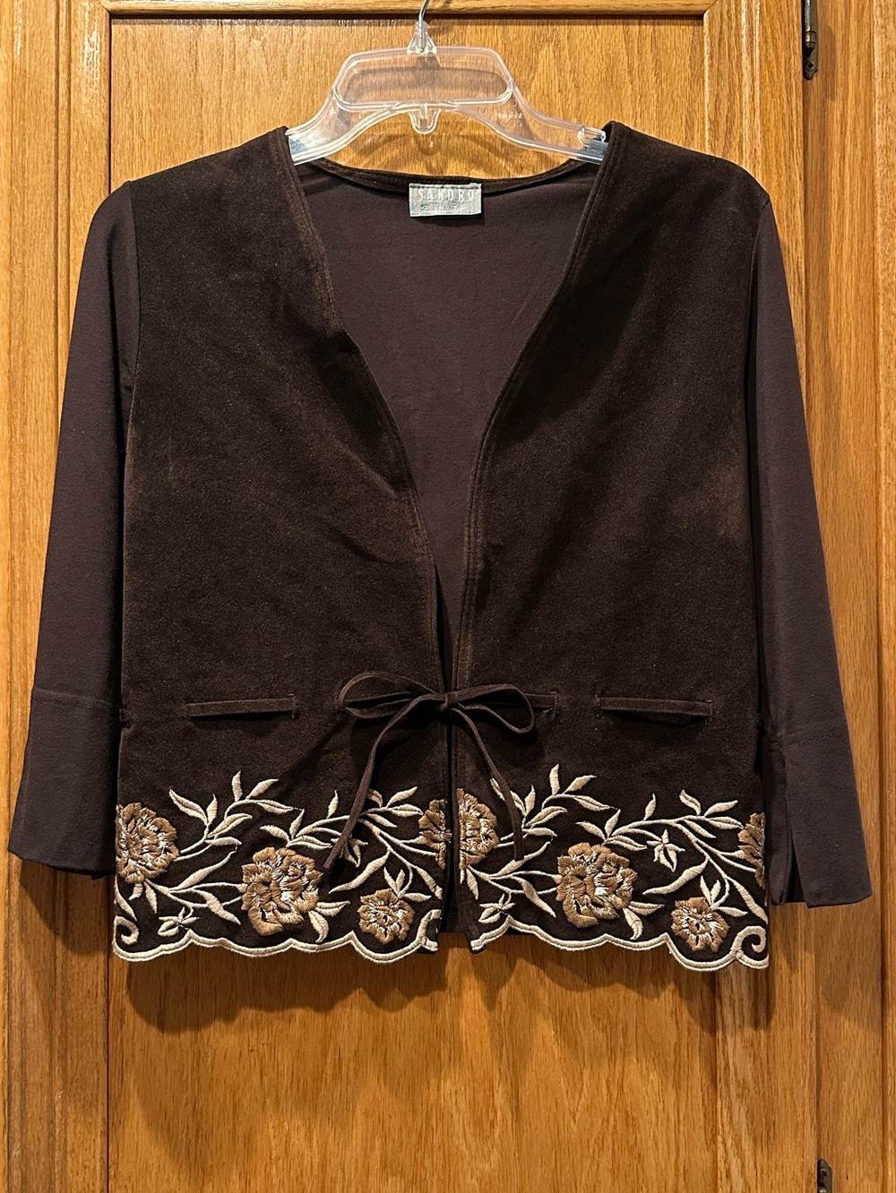 Sandro Floral Embroidered Brown Cropped Tie-Front 3/4 Sleeve Suede Cardigan Sz M